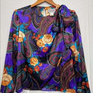 Vintage 70s Stunning Eclectic floral tie satin Blouse